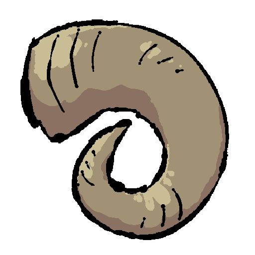 a brown, curled ram horn